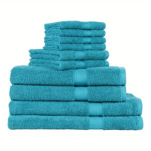 10-Piece Luxury Solid Towel Set - Soft, Absorbent, and Quick-Drying - Vibrant Turquoise Color - Ideal for Adults, Bath, Beach, and Pool - Premium Quality and Durable