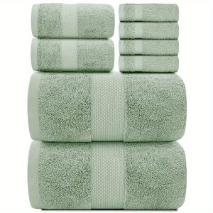 Luxury Green Bath Towel Set Combed Cotton Hotel Quality Absorbent 8 Piece Towels | 2 Bath Towels | 2 Hand Towels | 4 Washcloths