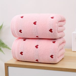 Luxurious 2-Piece Cotton Towel Set with Romantic Red Heart Embroidery - Soft, Absorbent & Perfect for Valentine's Day - Includes Bath & Hand Towel